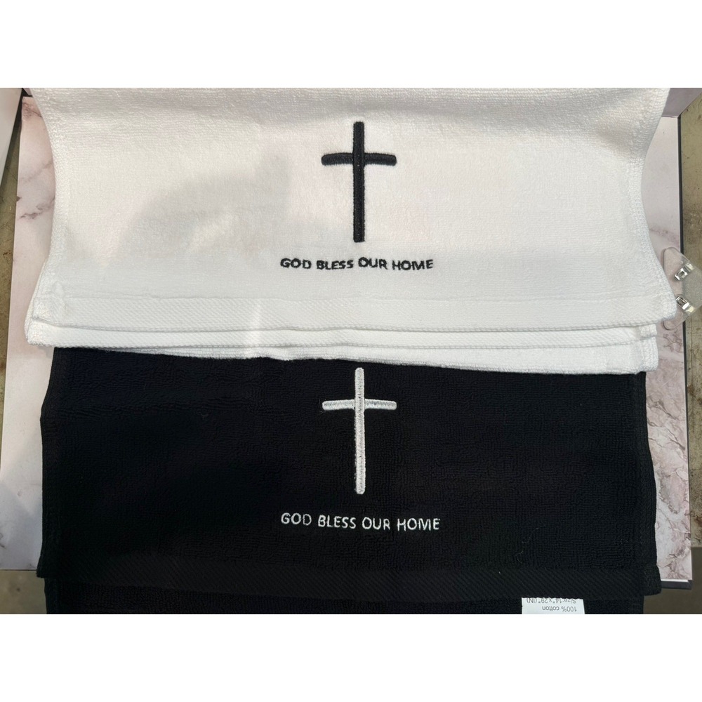 Kitchen Towels 2 Pack Black & White Christian Cross Religious Faith Gift Holiday - Picture 4 of 5